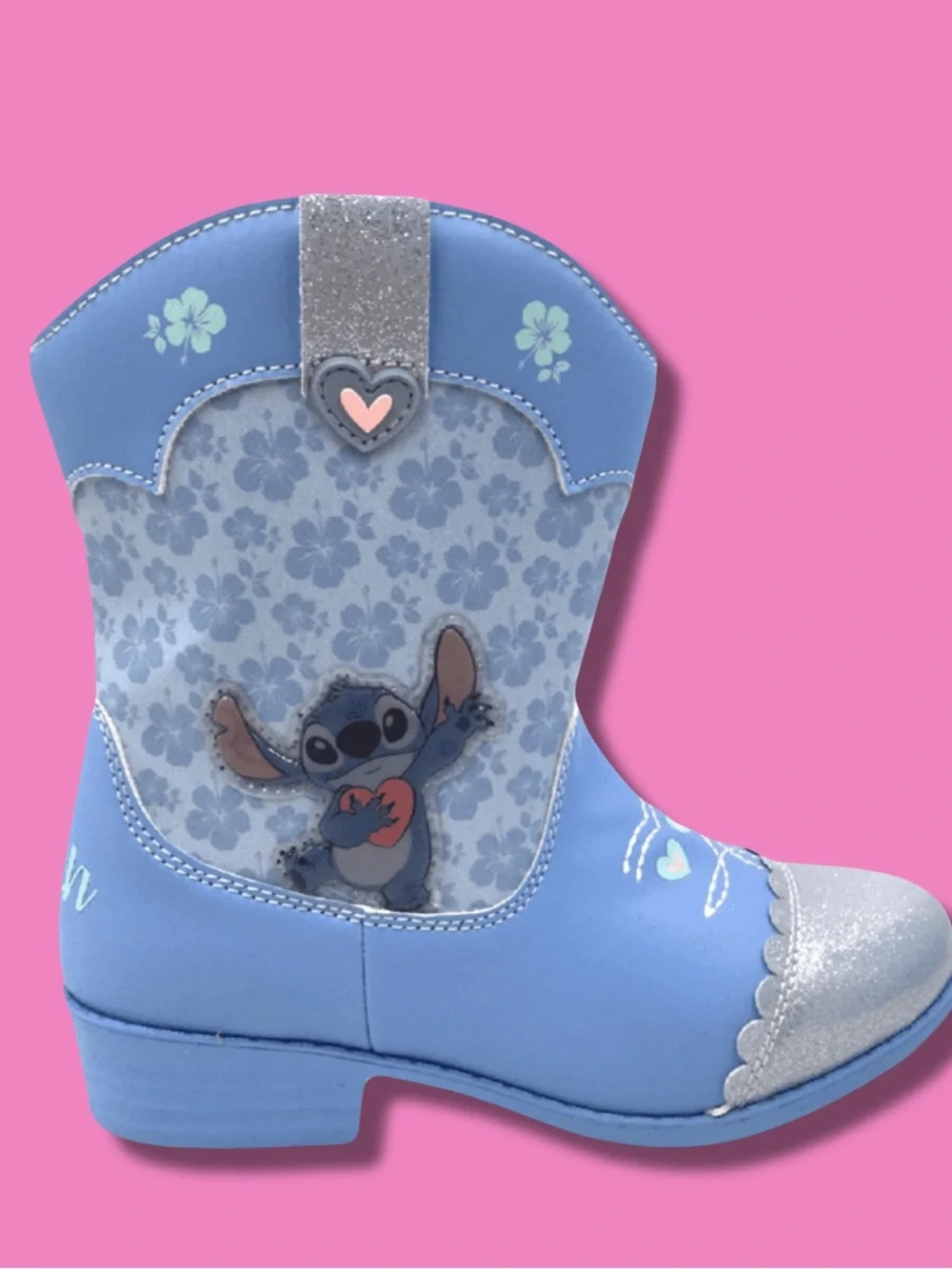 Disney Blue Girls' Stitch Cowboy Boots with Silver Glitter Toes